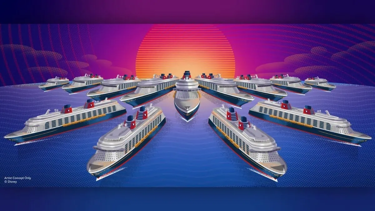 A stylized concept illustration reveals an enchanting Disney-themed scene: multiple cruise ships with smaller vessels symmetrically arranged on a blue ocean, all facing a grand, vibrant sunset under a purple and pink sky. The ships feature red and black funnels atop their classic white hulls.