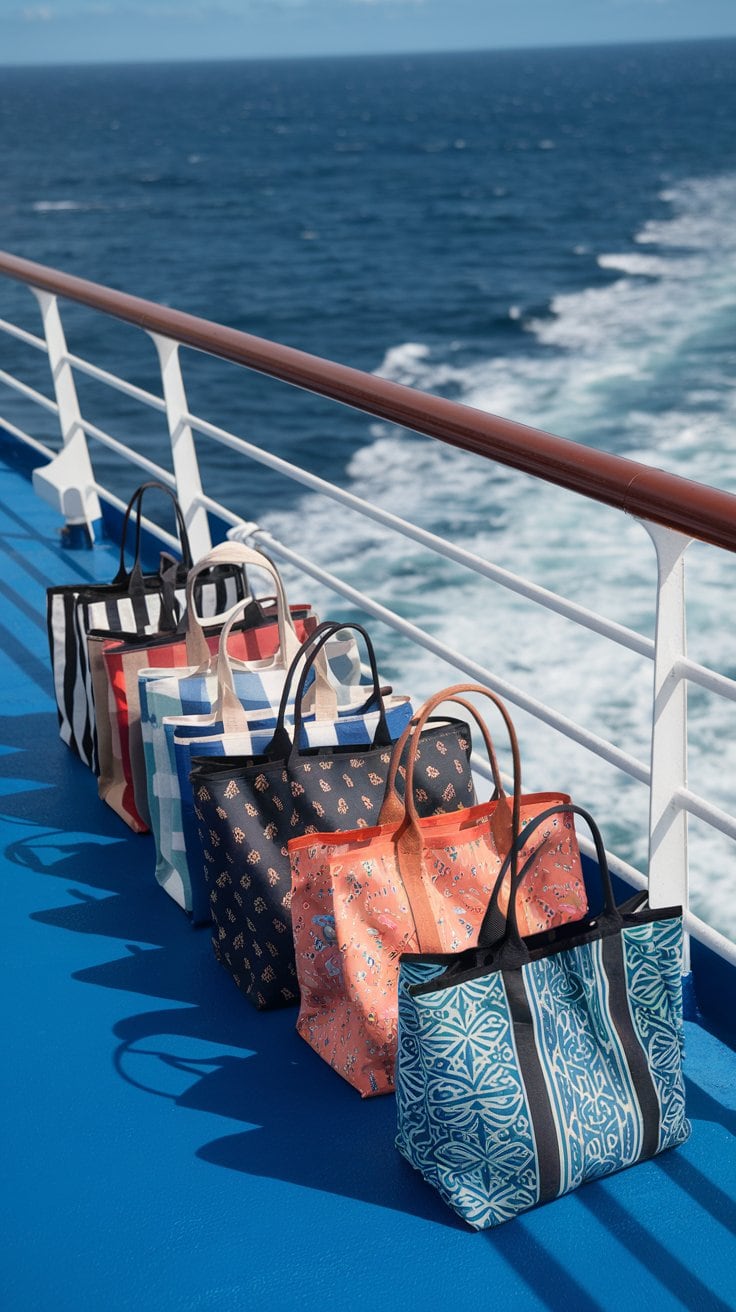Five patterned tote bags are lined up on the blue deck of a ship, offering perfect gift ideas for cruise cabin stewards. The ocean is visible in the background, with white waves trailing behind the moving vessel.