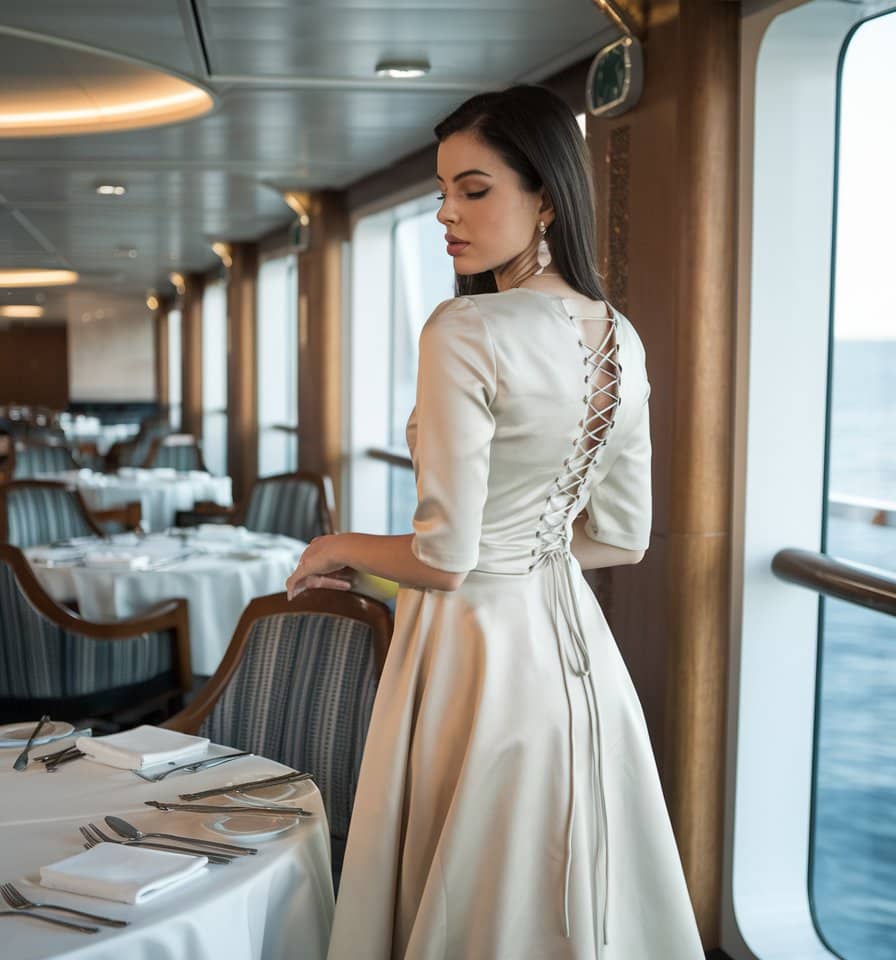 A woman in a white dress with lace-up back detail stands in a dining area on a Disney Alaska Cruise ship. She is beside a set table with white linens, as windows frame stunning ocean views, epitomizing must-have pieces for elegant cruise outfits.
