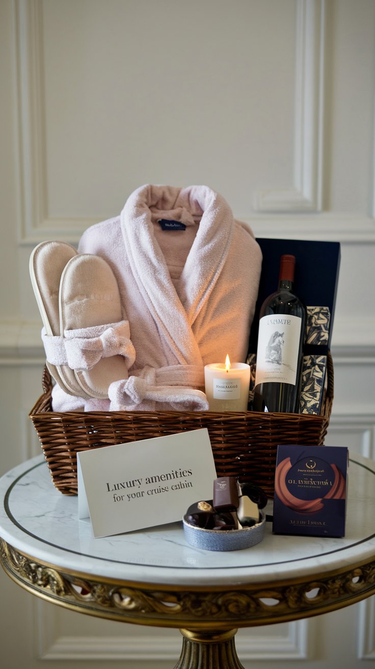 A wicker basket on a marble table holds a pink robe, slippers, candle, chocolate, a bottle of red wine, and a decorative box. A card reads "Luxury amenities for your group cruise cabin—a perfect gift idea to enhance your journey.