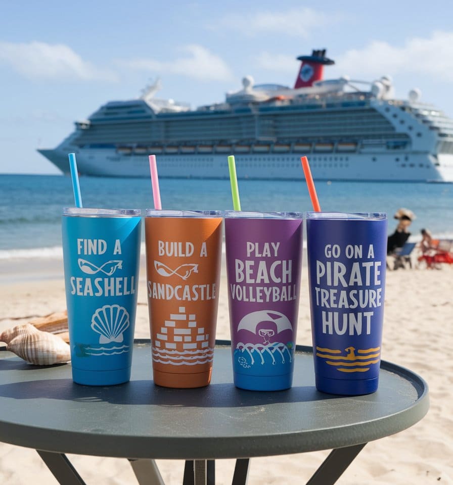 Four colorful tumblers with text stand on a round table on a beach. From left to right, they read: "Find a seashell," "Build a sandcastle," "Play beach volleyball," and "Go on a pirate treasure hunt." A family cruise ship is visible in the background, setting the scene for fun tumbler ideas.