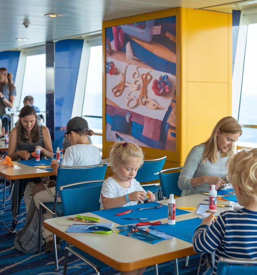 People of various ages are sitting at tables engaging in fun arts and crafts activities. Supplies like scissors, glue, and colored paper are on the tables. A large photo of crafting materials is displayed on the wall, offering creative photo ideas. The room has large windows with a view.