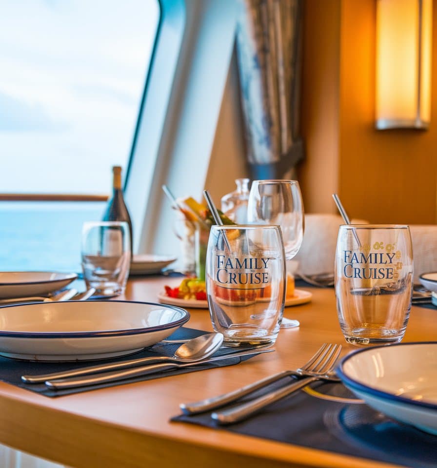 A table on a cruise ship is set with plates, cutlery, and glasses labeled "Family Cruise Tumbler." A window shows an ocean view. Wine and beverages are on the table, enhancing the elegant lighting and decor for a memorable family voyage.