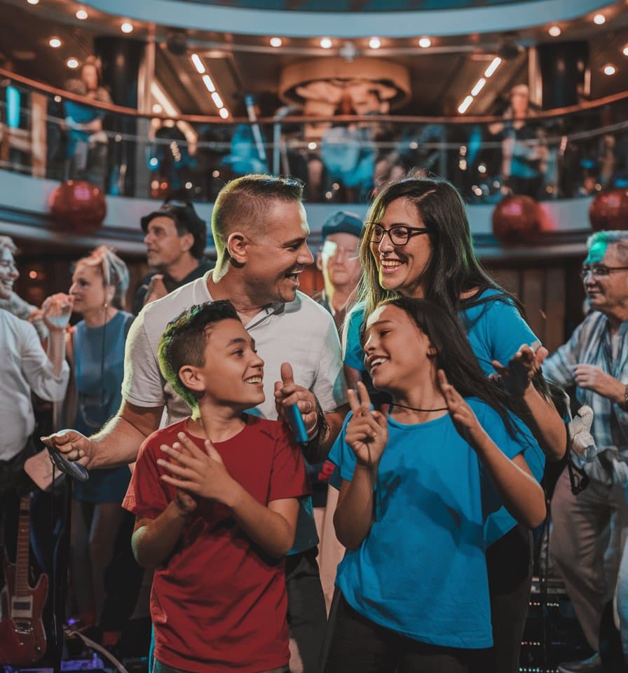 A group of people are gathered indoors on a family cruise. In the foreground, two adults and two children smile and clap, surrounded by others engaged in conversation and fun in a well-lit space with multiple levels—perfect for memorable photo ideas.