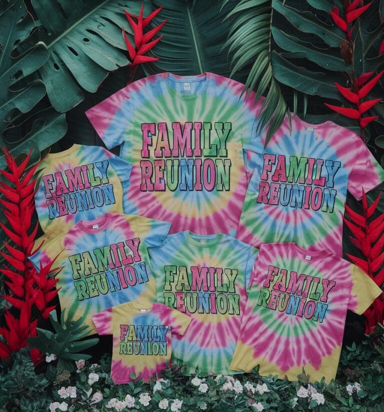Six vibrant tie-dye t-shirts, perfect for family reunion shirts, stand out against a lush backdrop of green leaves and red foliage. Each shirt boasts "Family Reunion" in bold colors, showcasing creative shirt ideas with pink, green, blue, and yellow swirls.