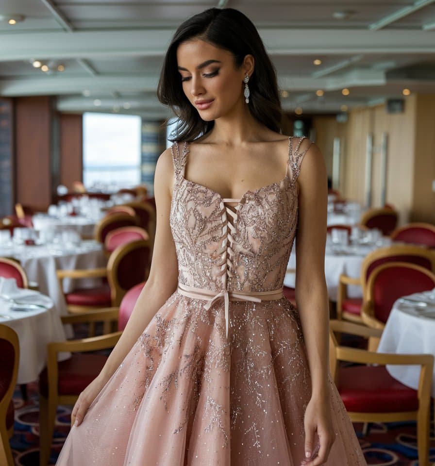 A woman in an elegant, must-have sparkling pink gown stands in a dining area with set tables and red chairs. She has long dark hair and wears drop earrings. The room's large windows allow natural light to fill the space, creating the perfect backdrop for February celebrations or tropical cruise outfits.