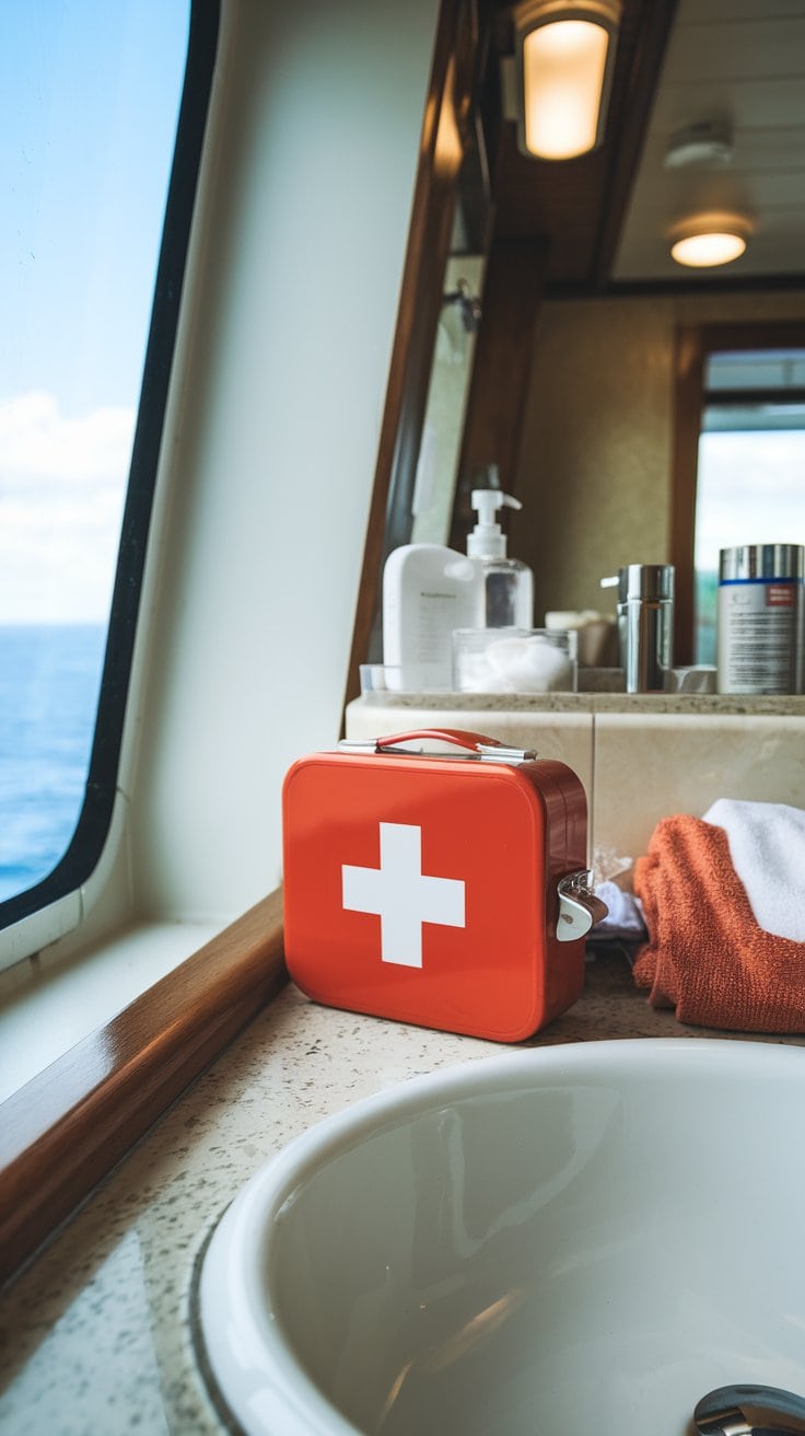 A red first aid kit with a white cross sits on a countertop next to a sink, ideal for any cruise. Nearby, towels, soap, and other toiletries await use. Through the window, the ocean reminds you of your voyage. Remember these packing tips to stay prepared!.