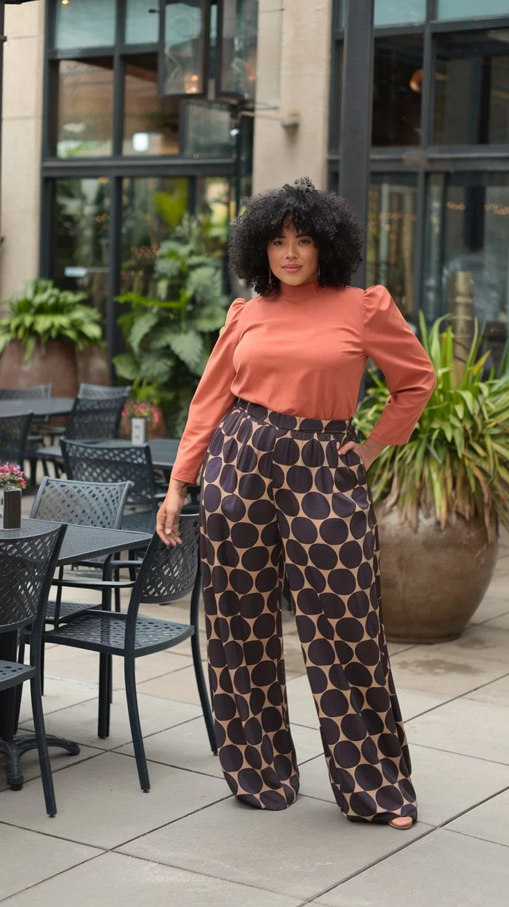 A person stands outdoors wearing a long-sleeve orange top and wide-leg pants with a circular pattern, perfect for cruise outfit ideas. The setting includes patio furniture and potted plants, reminiscent of a Mexican getaway, with a building in the background.