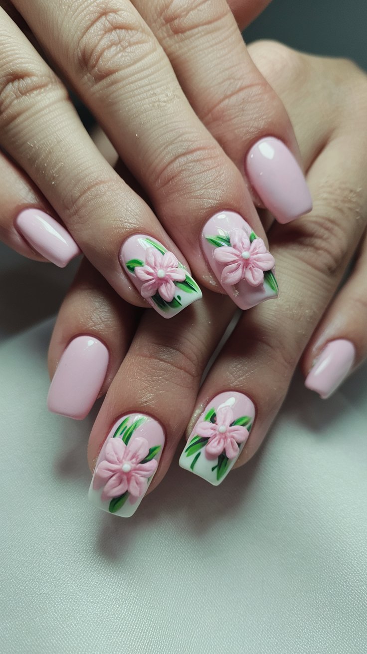 Close-up of hands with manicured nails. The nails are painted light pink, with two feature nails on each hand showcasing 3D pink flower designs with green leaves on a white background. These exquisite nail designs elevate your style, perfect for that chic short cruise getaway.