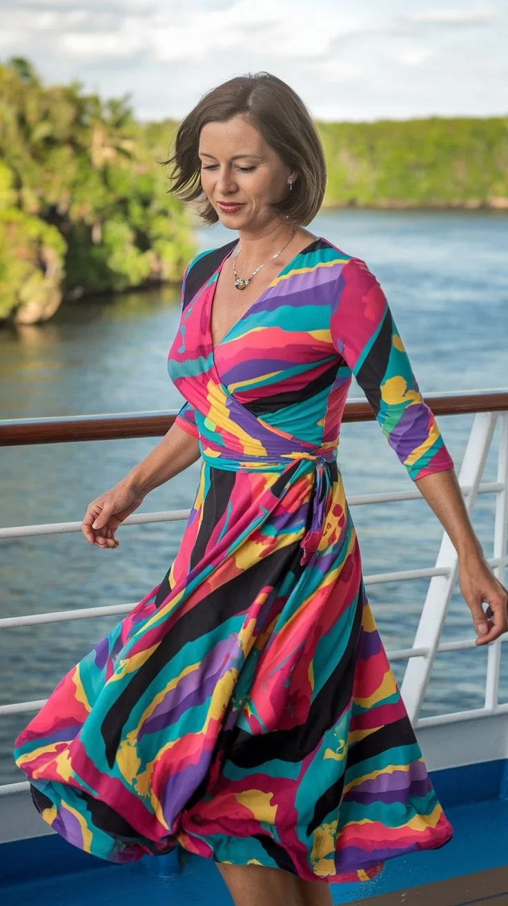 A person with short brown hair is enjoying a river cruise on the boat deck, wearing a colorful, patterned wrap dress. They are walking, with greenery and water visible in the background under a partly cloudy sky.