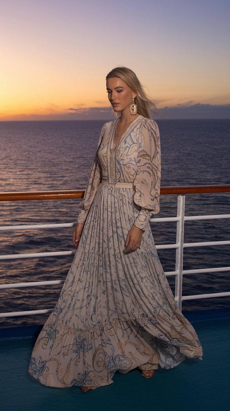 A woman in a patterned, flowing dress stands on a ship's deck at sunset, embracing vacation style. Her hair gently blows in the wind as she faces forward, with the ocean and sky painted in vibrant oranges and pinks behind her—truly elevating chic cruise outfits to new horizons.
