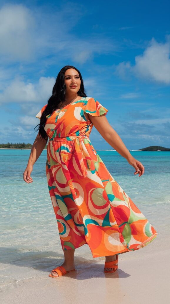 A woman stands on a beach with turquoise water and a clear blue sky, her plus-size maxi dress flaunting colorful geometric patterns, paired with orange sandals. As she strolls confidently on the sand during her Bahamas cruise, her long dark hair flows in the gentle breeze.