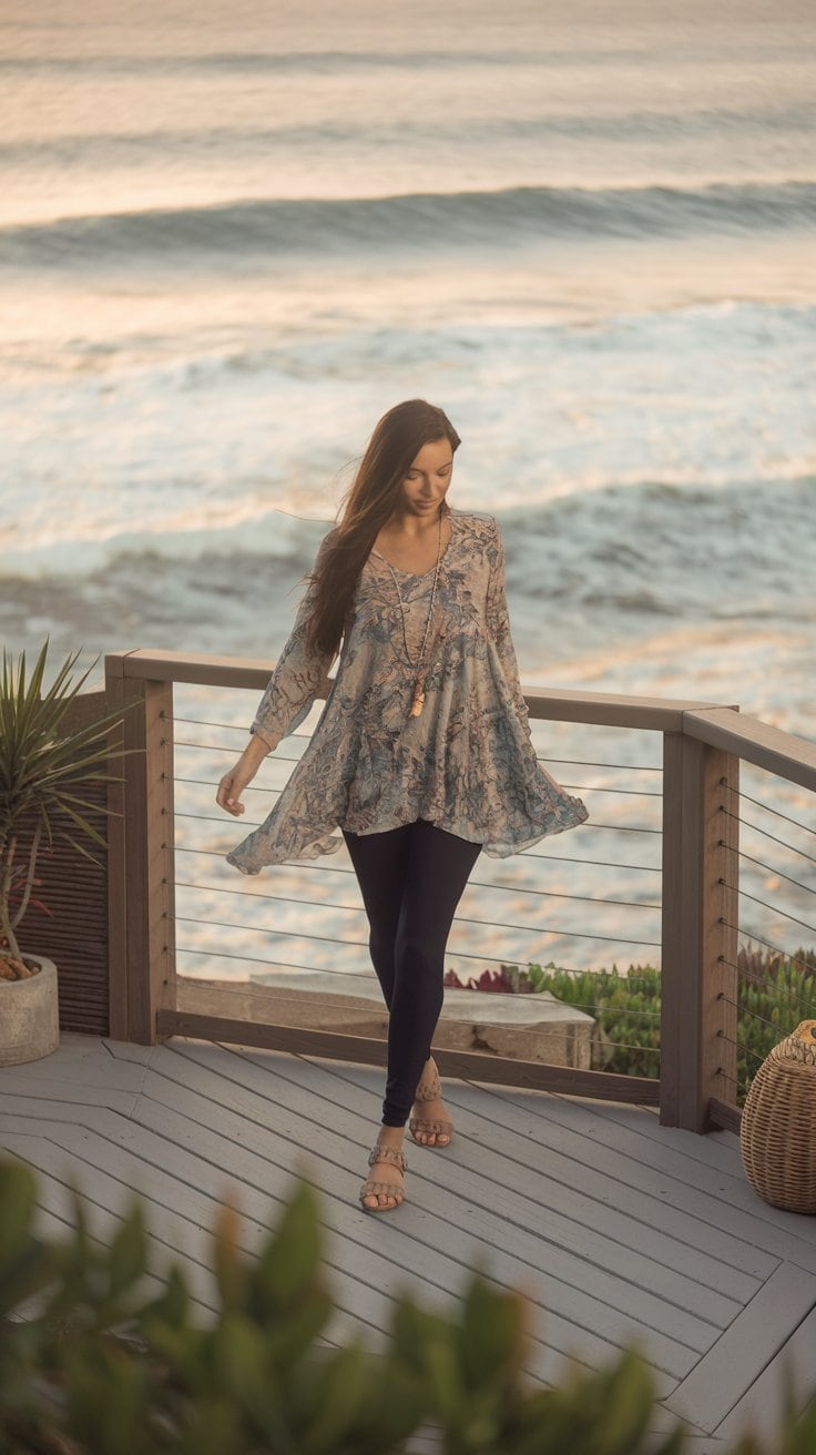 A person with long hair stands on a wooden deck overlooking the ocean, donning a chic cruise outfit—patterned tunic paired with dark leggings. The rhythmic waves dance in the background, perfectly complementing the vacation style vibes as lush plants decorate the deck.