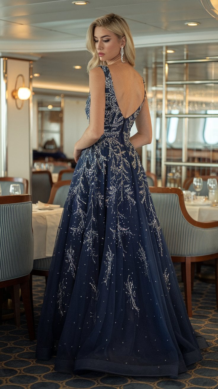 A woman in an elegant, navy blue evening gown with shimmering embellishments stands in a chic dining room aboard a Japan cruise. The dress has a deep V-shaped back. The room features round tables set with glassware and cushioned chairs, setting the scene for an unforgettable adventure.