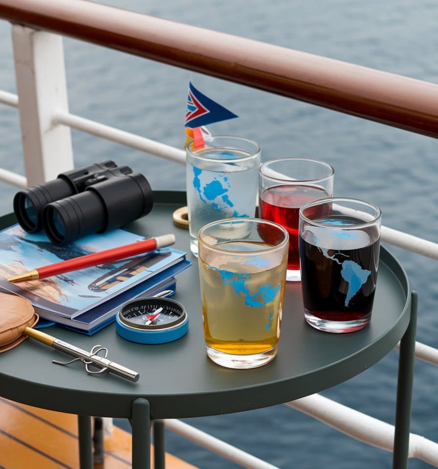 Four glasses, each with a blue map design, sit on a round table alongside a Cruise Tumbler, binoculars, a small flag, compass, pen, and travel book. Perfectly placed on the boat deck, the scene overlooks the ocean and captures the adventurous spirit of a family cruise.