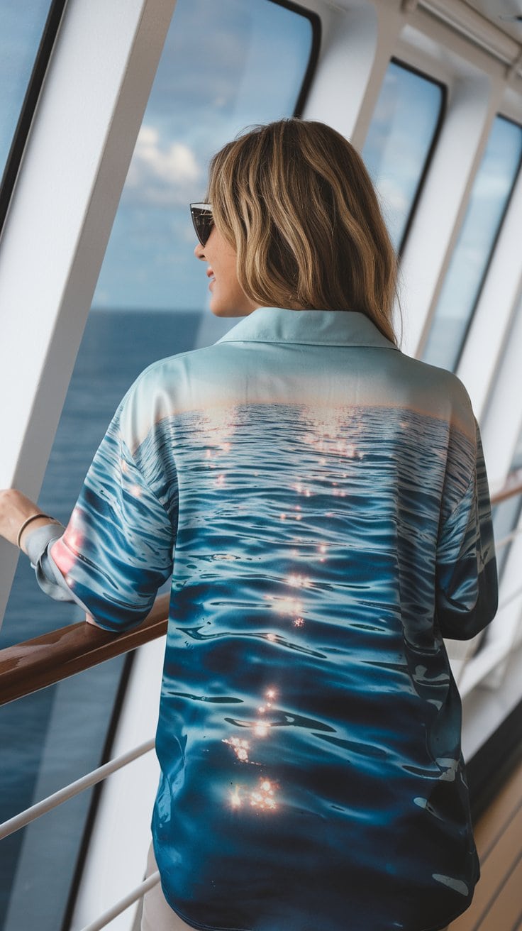 A person with long hair, wearing stylish sunglasses and a creative cruise shirt design depicting an ocean scene with sunlight reflecting on water, stands on a ship's deck, gazing out at the sea with a sense of imagination.