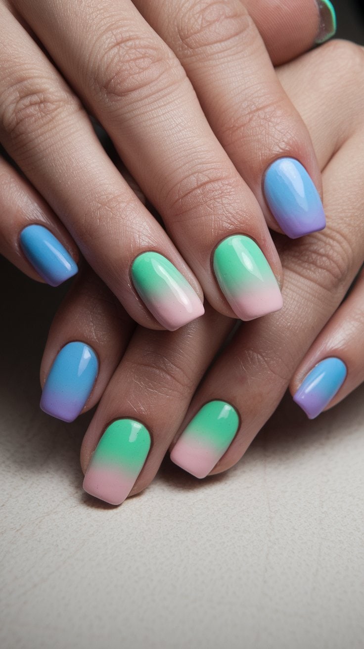 Close-up of hands with a chic ombre manicure. The nails, featuring a gradient of pastel colors transitioning from blue to green and pink, are neatly manicured. Elevate your style with this sophisticated look as the hands rest gracefully on a light surface.