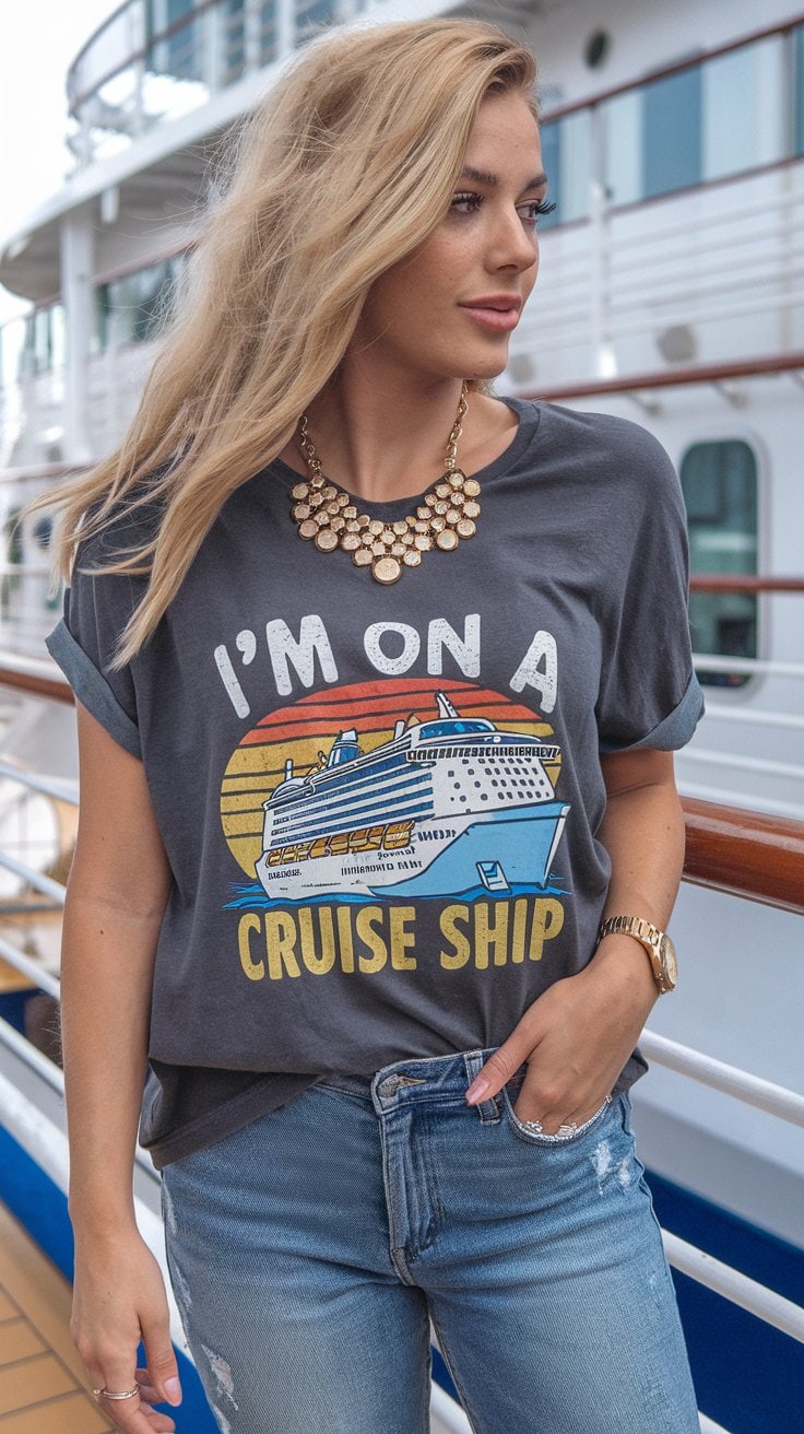 A person stands on the deck of a Japan cruise ship, sporting a chic outfit with a gray t-shirt that reads "I'm on a cruise ship" alongside an illustration. They complement it with jeans and a gold necklace, savoring the adventure with part of the vessel in the background.