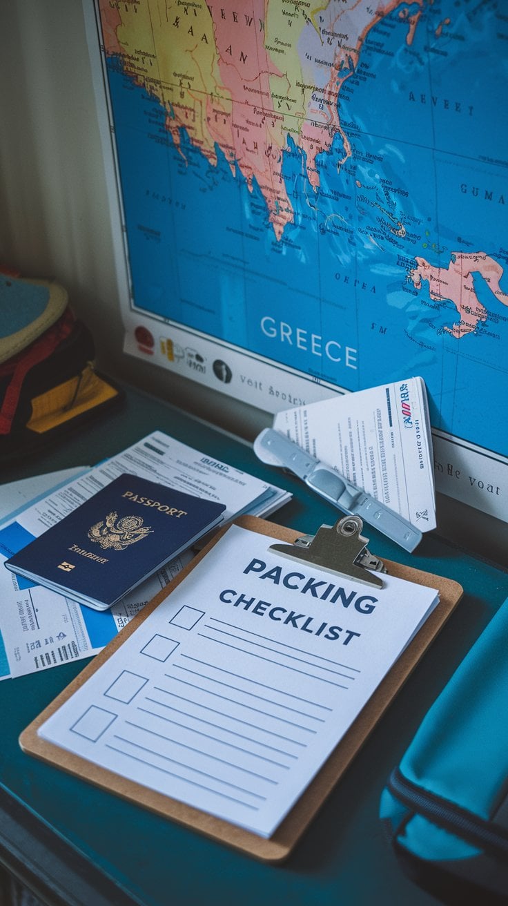 A packing checklist on a clipboard rests on a table, highlighting essential items for your Greek cruise. Nearby are a blue passport, a boarding pass, and travel documents. In the background, part of a map with Greece and surrounding regions is visible.