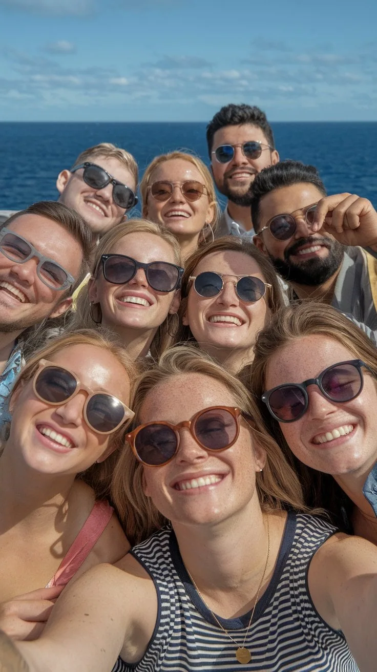 A group of people wearing sunglasses are smiling and taking a selfie outdoors, capturing the perfect cruise gift idea in action. They stand close together under a clear blue sky with the ocean as their backdrop.