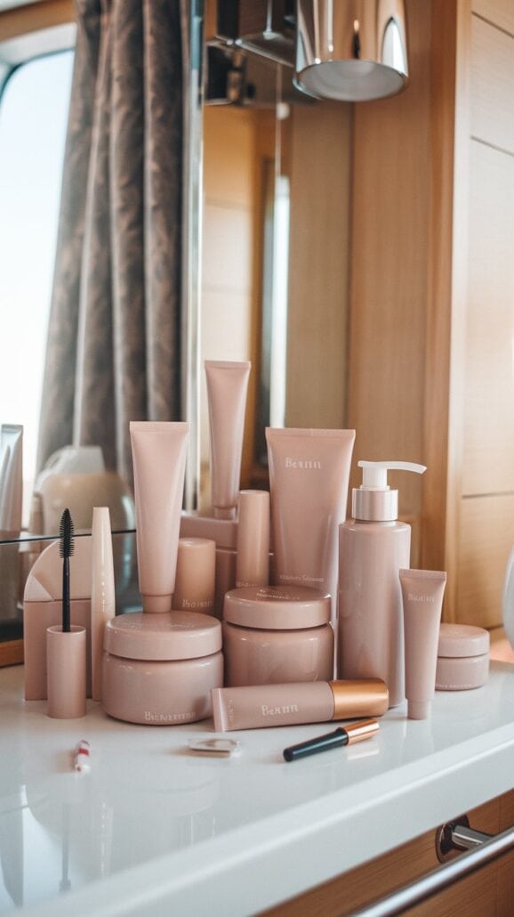 A collection of pink cosmetic containers on a bathroom counter awaits, perfect for a woman's guide to beauty essentials. Tubes, jars, and pump bottles mingle with a mascara wand and makeup brushes. A mirror and curtains add charm to this scene inspired by Canadian cruise daydreams.