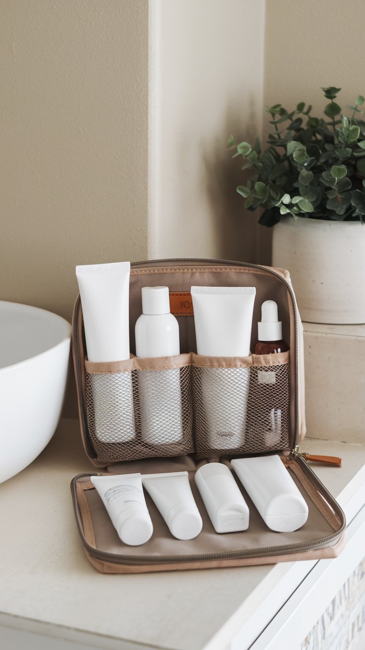 A beige travel toiletry bag is open on a bathroom counter, perfect for a woman's cruise adventure. It holds white bottles and tubes of skincare products. A potted plant sits beside it, with a white basin in the background, offering serene packing tips for that dream getaway.