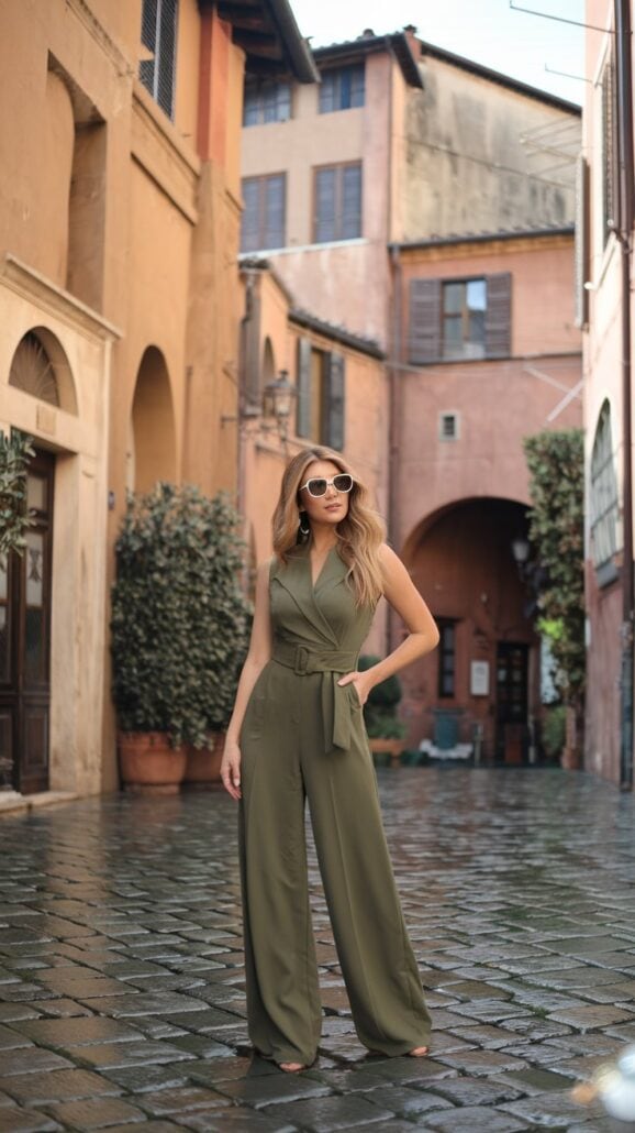 A person in a gorgeous green jumpsuit and sunglasses stands on a cobblestone street lined with tall, old buildings. The street is empty, showcasing arched doorways and windows. Large potted plants complement the stylish scene, perfect for those looking to elevate their Italian cruise outfits.