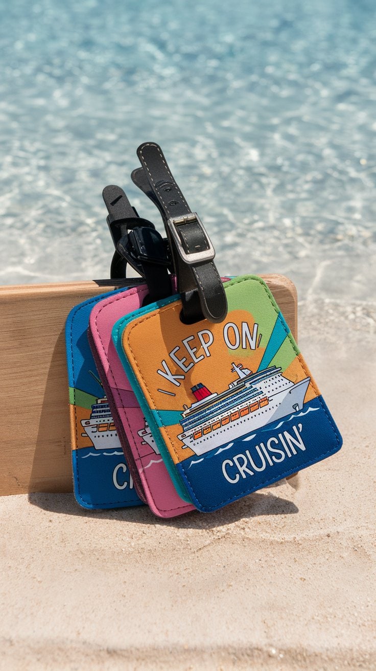 Three colorful luggage tags are displayed on a sandy beach near the water. Each tag features an illustration of a cruise ship and the phrase "Keep On Cruisin'." Perfect as unique cruise gifts, these tags are attached to a wooden block with black straps.