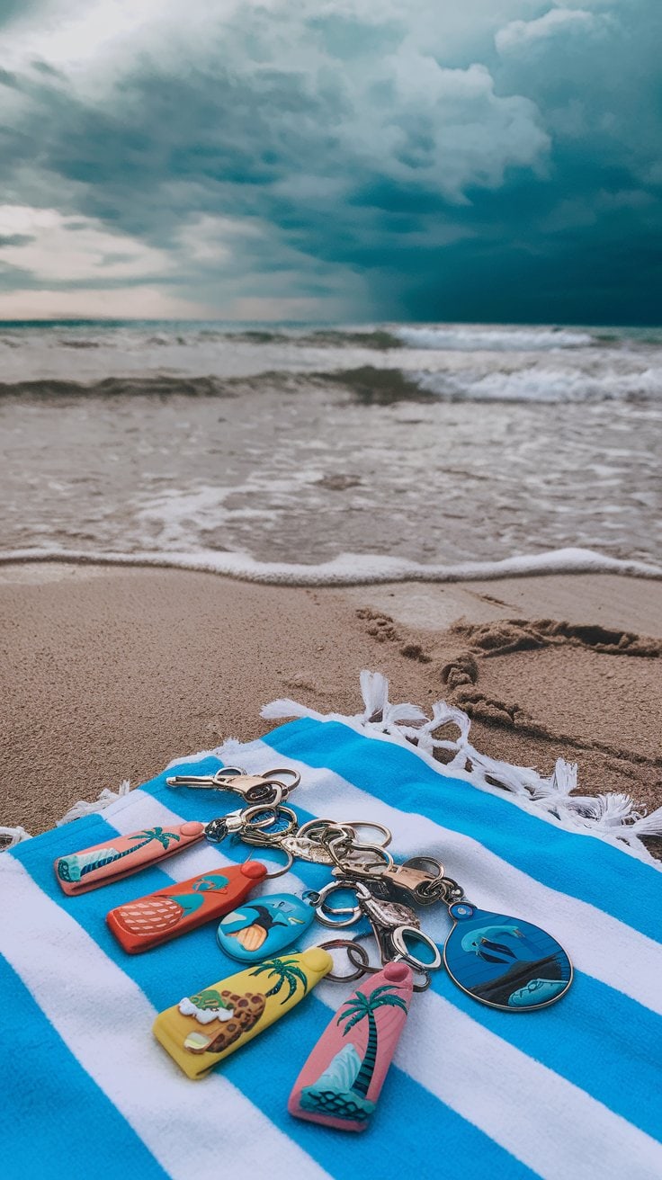 Assorted colorful keychains featuring beach-themed designs lie on a blue and white striped towel on the sandy beach. Ocean waves approach in the background under a cloudy sky, making them perfect thoughtful gifts for cruise cabin stewards who cherish seaside memories.