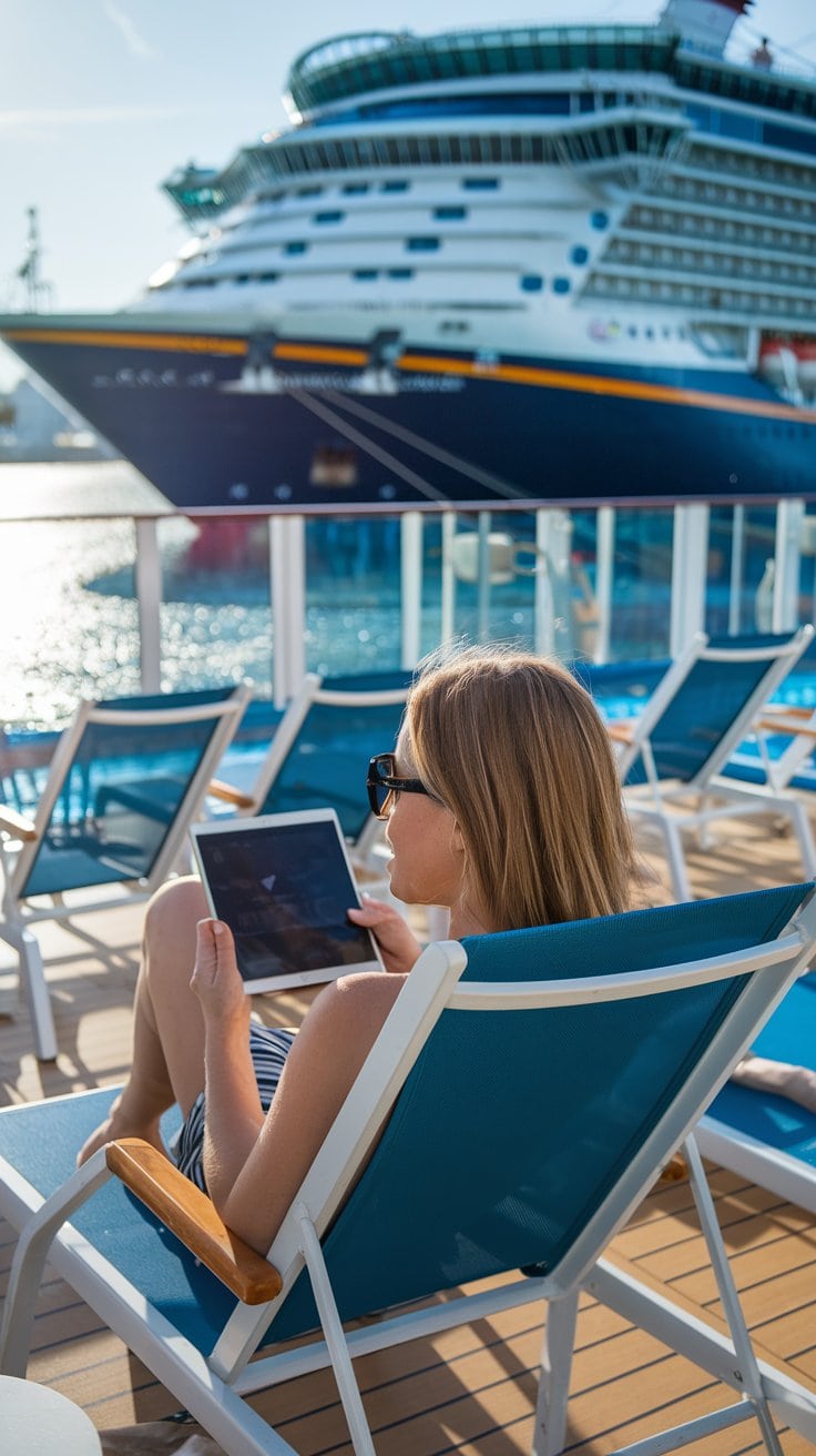 A woman lounges on a deck chair, holding a tablet, with a large cruise ship docked in the background. The sun is bright, casting light over the water. She seems perfectly relaxed, surrounded by her essential items for a blissful day at sea.