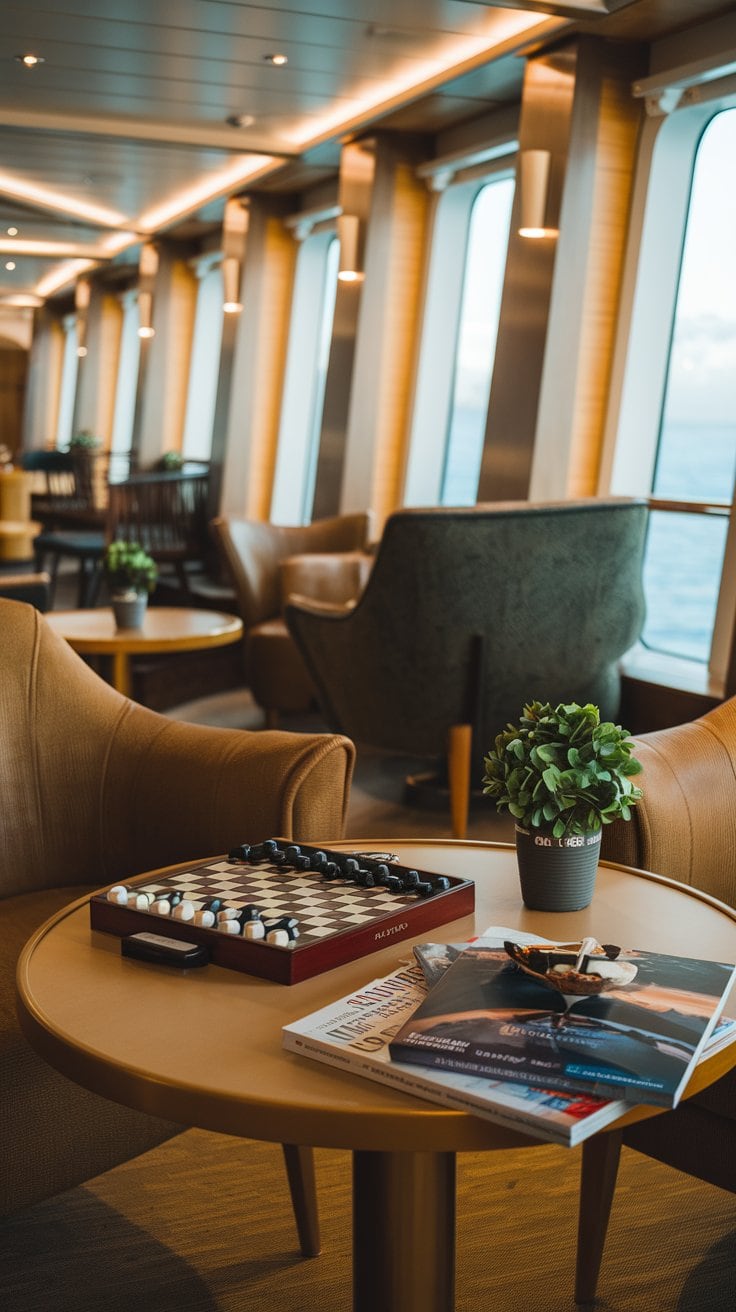 A lounge area with large windows reveals a stunning ocean view, setting the stage for your 2025 cruise adventure. A round table in the foreground holds essential items: a backgammon set, a small potted plant, and magazines. Comfortable chairs are arranged invitingly around the space.