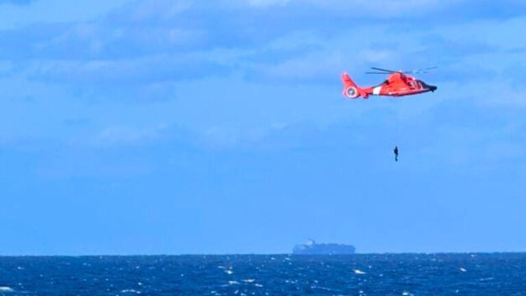 A red helicopter hovers over the ocean, performing a daring rescue by lowering a person via cable. In the distance, a Royal Caribbean cruise ship is visible on the horizon under a partly cloudy sky.