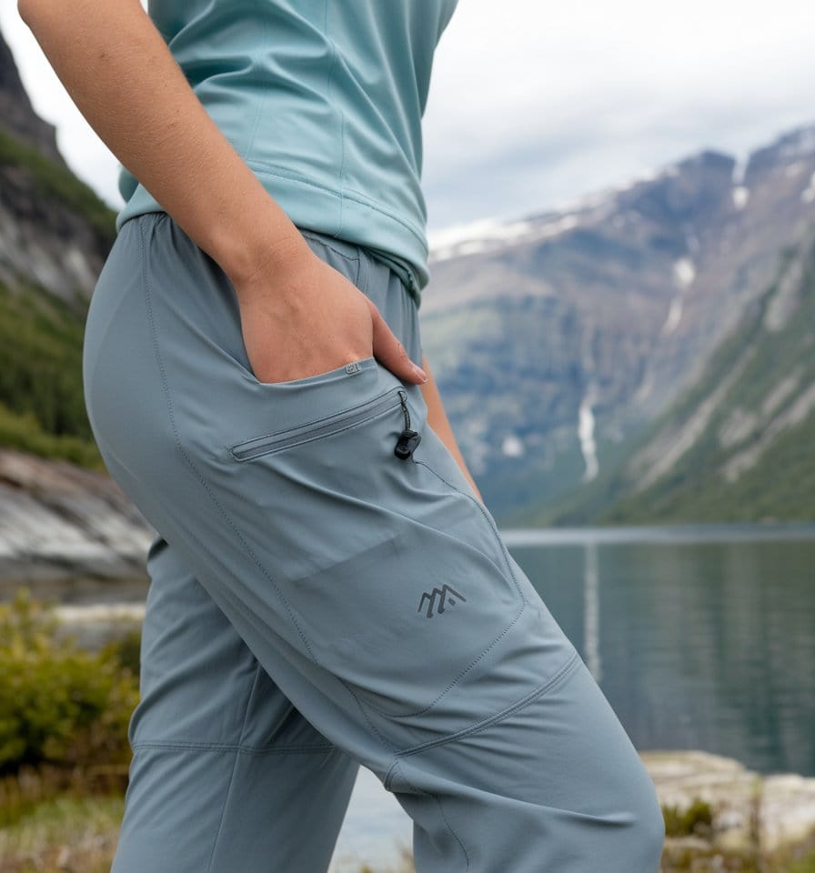 A person in light blue outdoor pants and a matching top, a must-have outfit for serene adventures, stands by a lake with mountainous terrain in the background. With one hand in their pocket, the calm lake mirrors the cloudy sky, creating a peaceful and natural scene reminiscent of a Disney Alaska Cruise setting.