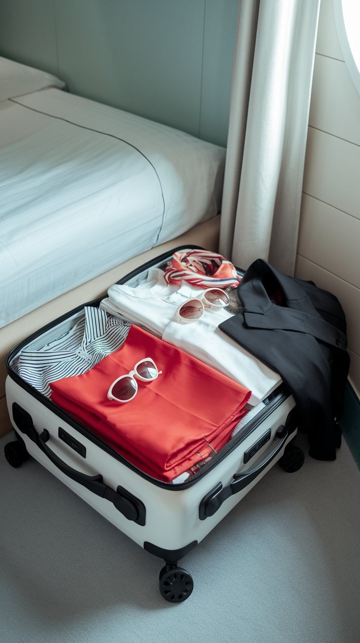 An open white suitcase on the floor by a bed contains neatly folded clothes—perfect for a cruise—including a red top, striped shirt, and sunglasses. A black blazer is draped over one side. The suitcase is strategically positioned near a window with light curtains.