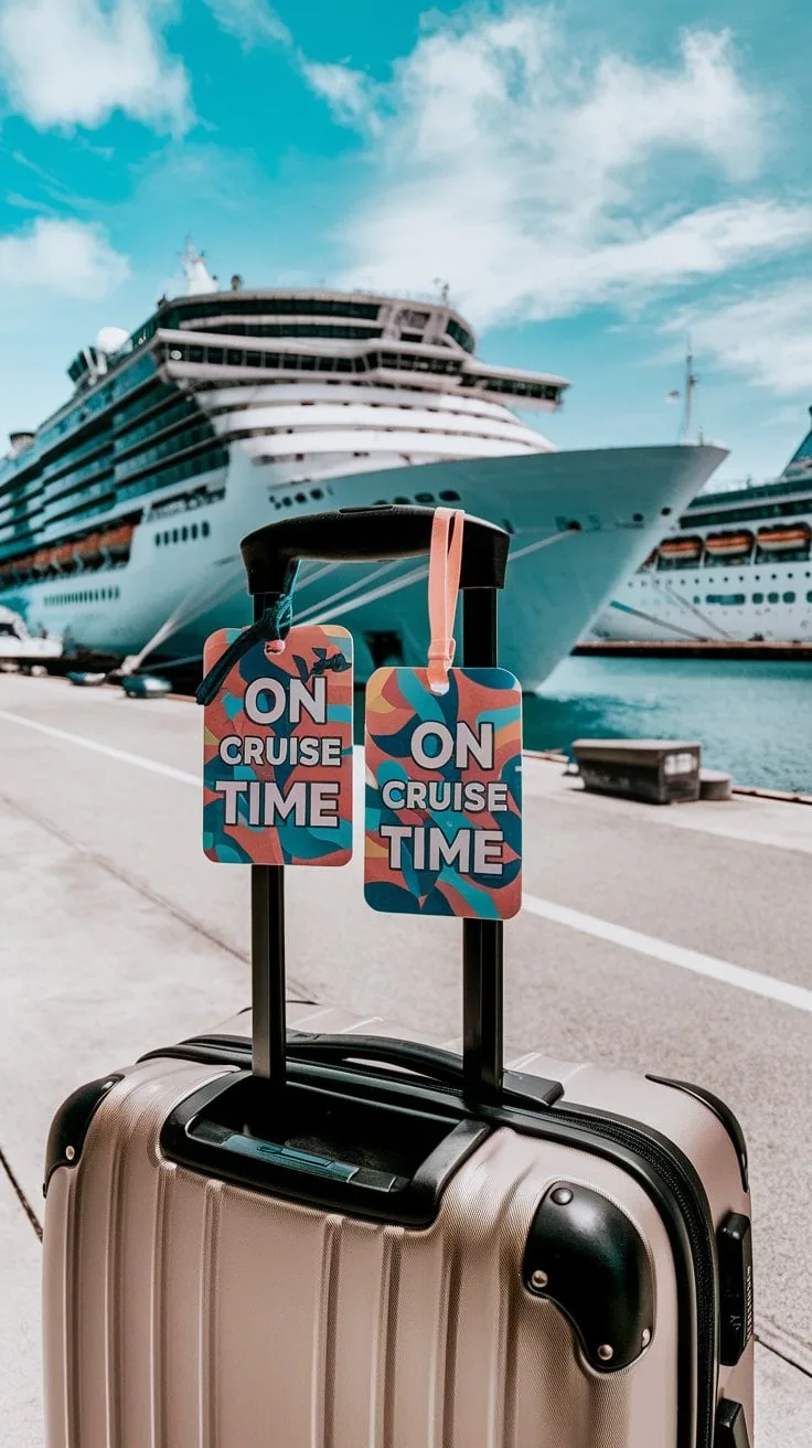 A large cruise ship is docked at a port under a clear blue sky. In the foreground, a silver suitcase with an extended handle displays two colorful tags reading "On Cruise Time." Another ship is visible in the background, setting the scene for perfect group cruise gift ideas.