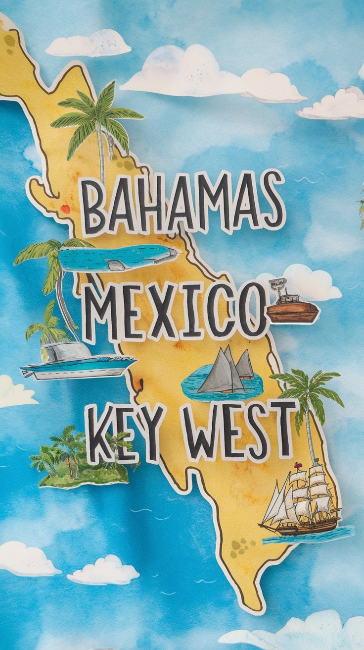 Illustrated map showcasing a tropical cruise itinerary with "Bahamas, Mexico, Key West." The map features palm trees, clouds, boats, and ocean waves. Each location is marked along a yellow landmass against a blue background—perfect for personalized cruise gifts or unique mementos of your journey.