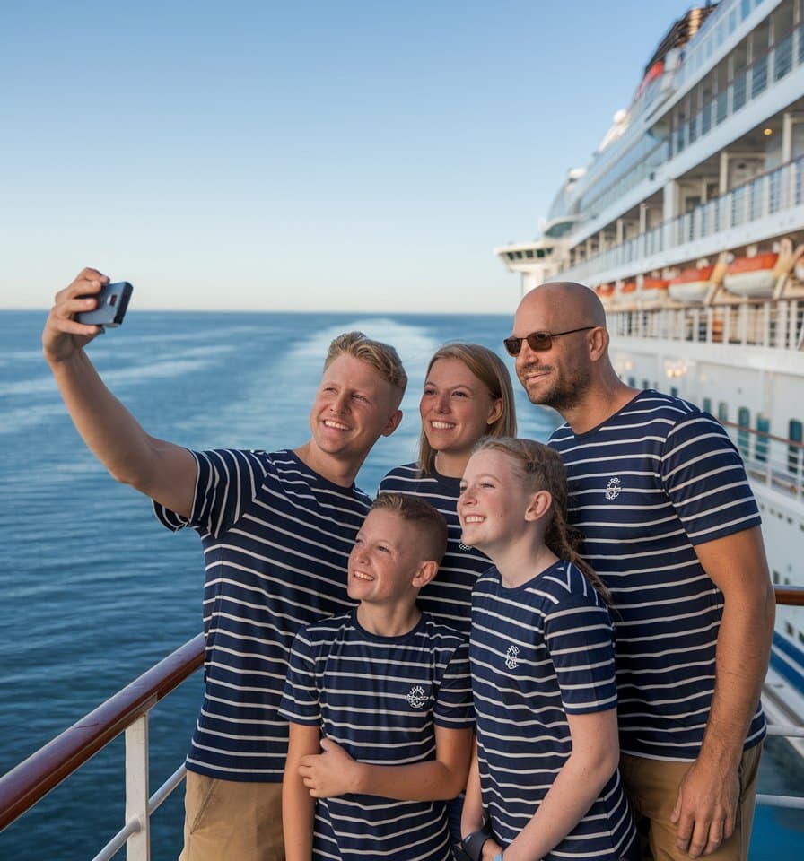 A group of five people stands on a cruise ship deck taking a selfie, proudly wearing their matching Family Cruise Shirts in navy blue and white stripes. The ocean and part of the ship create a stunning backdrop under the clear sky.