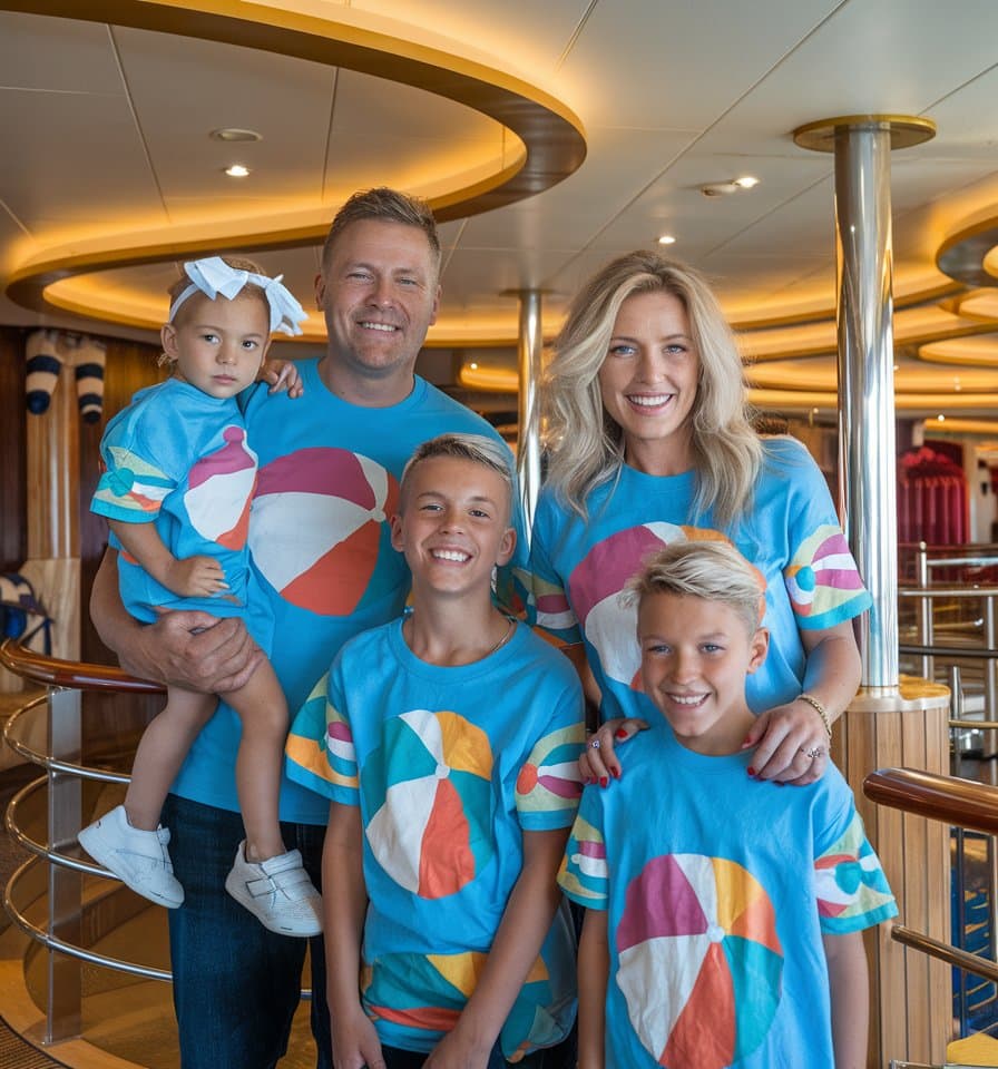A family of five poses indoors, all wearing matching shirts with a fun beach ball design, reminiscent of a lively family cruise. The parents stand behind their three children, including a young girl holding a white bow, and two boys with similar hairstyles.