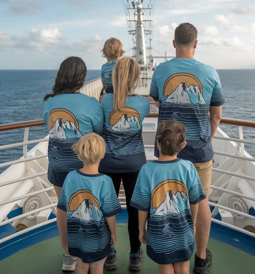 A family of six enjoys their family cruise, standing on the deck with the vast ocean before them. They wear matching shirts adorned with a fun mountain and sun design. The parents hold a young child, while two others stand beside them, the ship’s railing and mast in view.