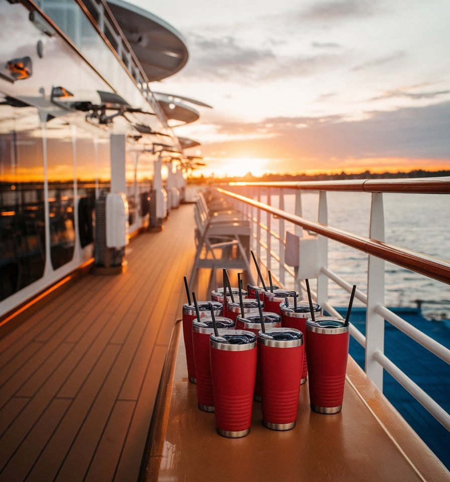 A line of vibrant red, stainless steel travel mugs with straws sits on a ship's deck at sunset during a family cruise. Perfect for tumbler ideas, these mugs complement the wooden flooring and railings as the ocean gleams to the right under an orange and purple sky.