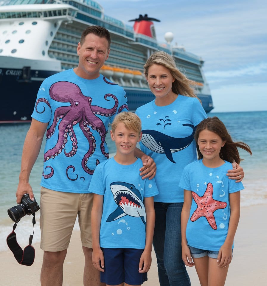 A family of four stands on a sunny, tropical beach in front of their family cruise ship. They wear fun, matching shirts featuring sea creatures: an octopus, a whale, a shark, and a starfish. A man holds a camera with a strap, capturing memories under the sun.