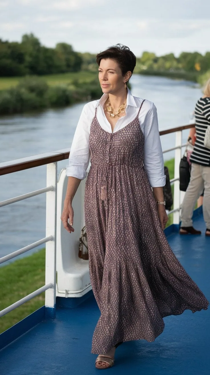 A woman stands on a boat deck during a river cruise, wearing a stylish patterned dress over a white shirt. She gazes into the distance with her hands by her sides, embodying timeless elegance. Trees and the flowing river provide a serene backdrop.
