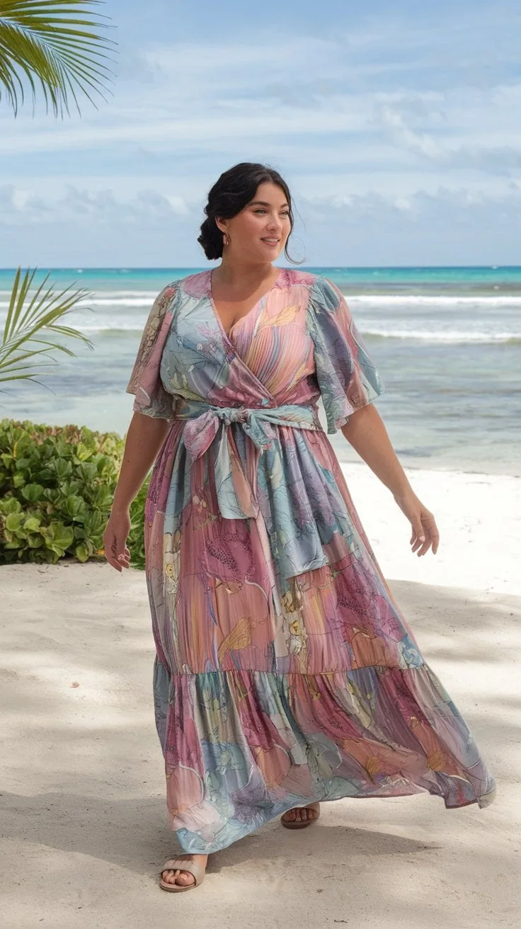 A woman wearing a stunning, colorful flowing dress strides along a sandy beach, embodying chic plus size cruise outfits. Palm leaves sway on the left, while the ocean's gentle waves ripple under a partly cloudy sky in this picturesque Mexican getaway.