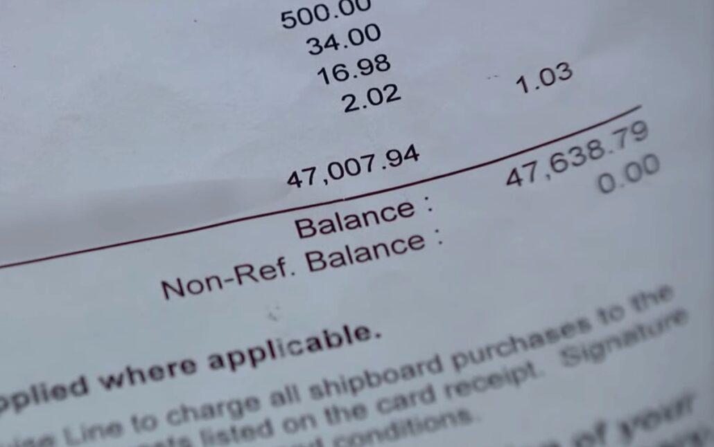 Close-up of a printed financial statement, perhaps belonging to a Minnesota man tangled in a medical nightmare, showing a balance of 47,638.79 and a non-refundable balance of 47,007.94. Various numbers are listed above the final tally, and part of an intriguing sentence is visible at the bottom.