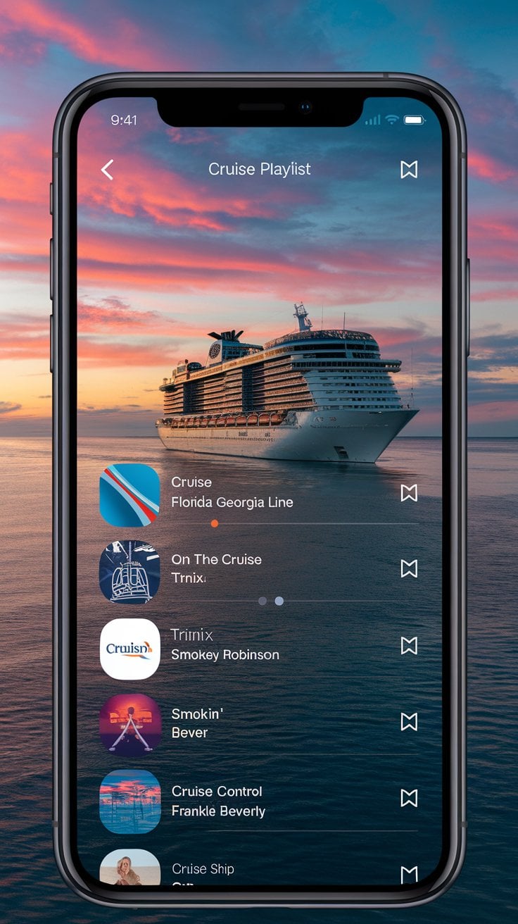 A smartphone screen displays a music app with a "Cruise Playlist." Several song titles are listed, making it the perfect group cruise soundtrack as a ship sails on the ocean in the background, set against a colorful sunset sky.