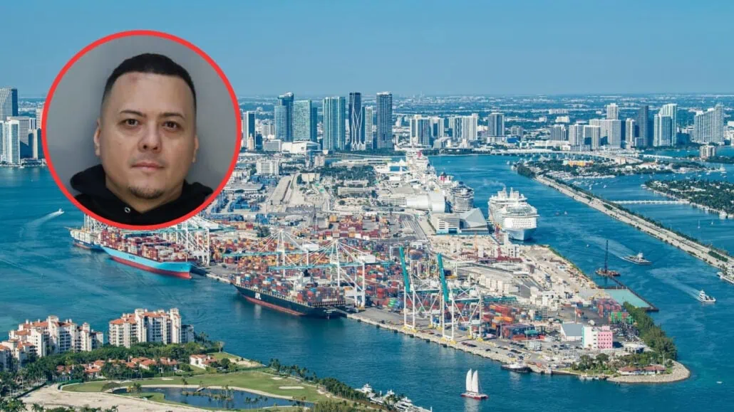 Aerial view of a large port with cranes, shipping containers, and cruise ships. The background shows a city skyline with tall buildings. An inset red circle displays the headshot of a law enforcer with short hair and a neutral expression, poised amidst an ongoing crackdown on smuggling narcotics.