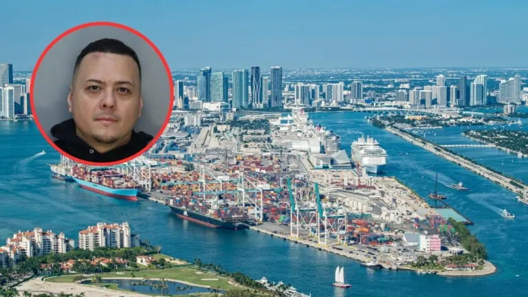 Aerial view of a large port with cranes, shipping containers, and cruise ships. The background shows a city skyline with tall buildings. An inset red circle displays the headshot of a law enforcer with short hair and a neutral expression, poised amidst an ongoing crackdown on smuggling narcotics.