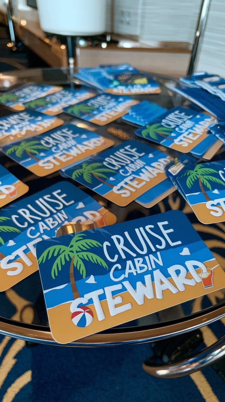 A table adorned with cards that read "CRUISE CABIN STEWARD," showcasing a design brimming with palm tree and beach motifs. These thoughtful gift ideas are primarily blue, highlighted with white, orange, and green accents. Perfect for those who appreciate the dedicated cruise cabin stewards.
