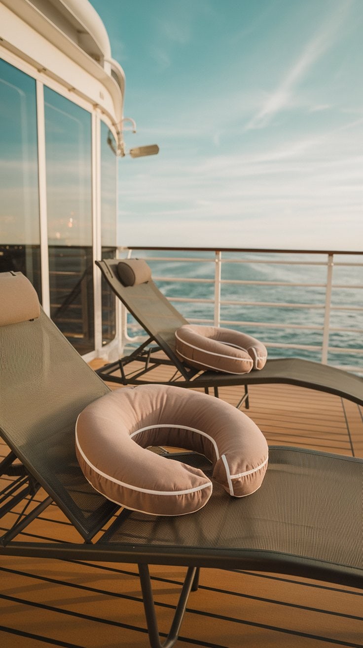Two lounge chairs with neck pillows are positioned on a ship's deck overlooking the ocean—a perfect cruise gift idea. The sky is clear, and the water is calm, reflecting soft blues and greens. A glass window is visible on the left side.