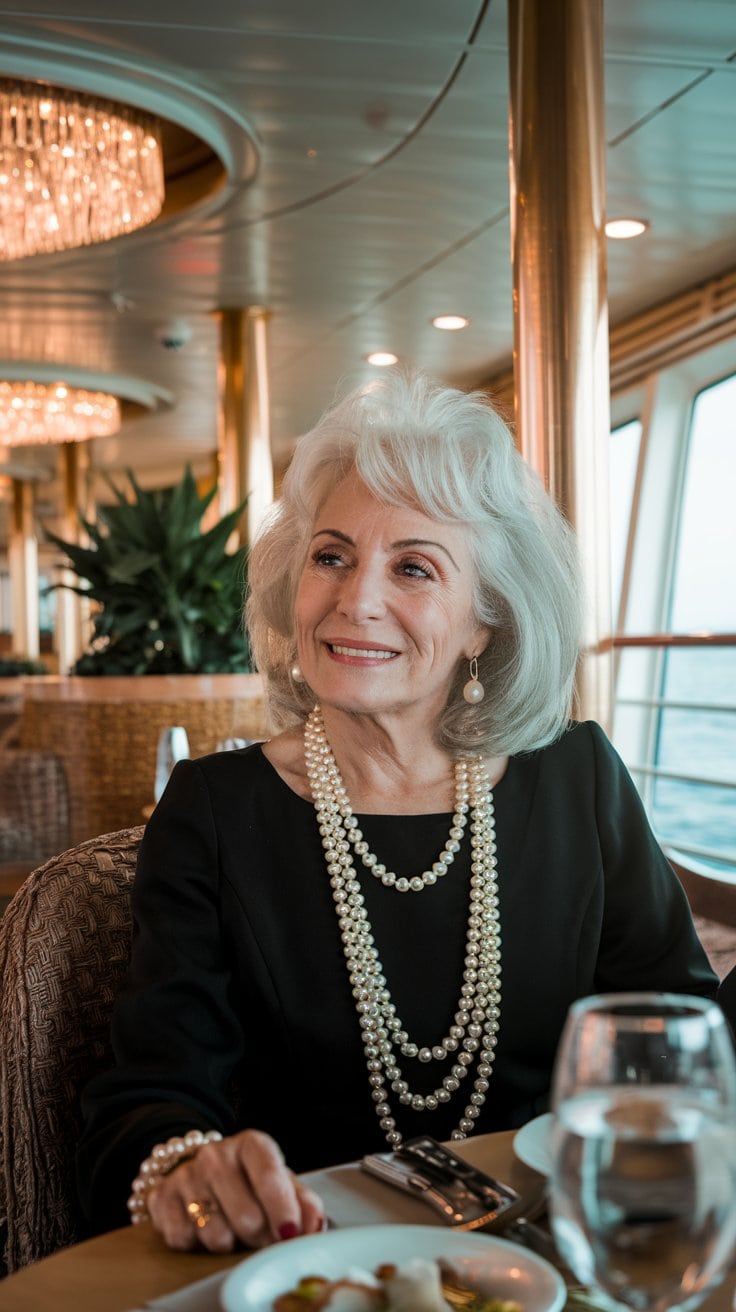 An older woman with gray hair, wearing a classic black ensemble and layered pearl necklaces, sits at a table onboard a ship. She smiles while gazing to the side. A chandelier and large plant complement the elegant scene with an ocean view in the background—perfect formal cruise outfit ambiance.
